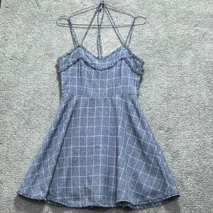 Essue Women Blue 100% Polyester Sweetheart Neck Spaghetti Strap Plaid Dress Sz M